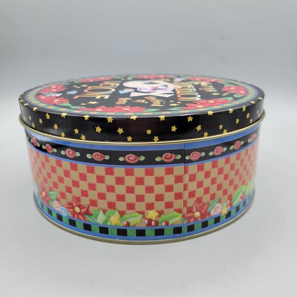 Mary Engelbreit Holiday Tin Container Joy Poinsettia Design Checkered Sides - Picture 3 of 9